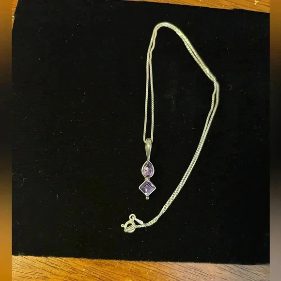 92.5 Silver, Made In Italy Amethyst Double Gem  8” Necklace - Picture 2 of 5